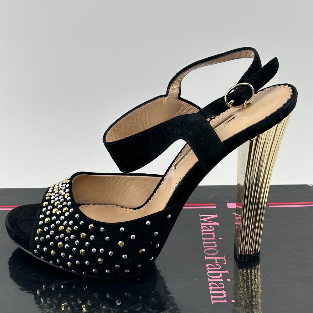 Marino Fabiani Sandals Womens 38 Black Suede Studded Fluted Heel New With Box